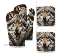 4 Pcs Hungry Like A Wolf Oven Mitt and Pot Holder Set, Heat Resistant Long Oven Gloves & Hot Pads with Hanging Loop for Cooking Baking BBQ, Ideal Kitchen Gift for Cooks Bakers