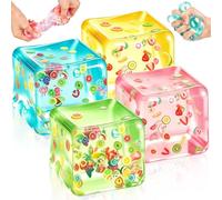 4 PCS Ice Cube Squishy, Squishy Cube, Squeeze Toys with Floating fruit Sequins, Slow Rise Soft Sensory Anxiety Relief Fidget Toys for Home Office Desk Toy (4.5 cm)