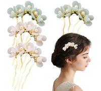 4 PCS Jade Flower Hair Comb Vintage Flower Hair Fork Green and White Hair Fork Classical Hair Stick Pearl Jade Flower Hair Side Combs Chinese Hair Stick Decorative Hair Accessories for Women Girls