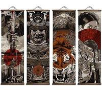 通用 4 PCS Japanese Bushido Wall Art Decor, Ukiyoe Samurai Tattoo Posters and Prints, Wooden scroll Painting Artwork Wall Hanging Banner for Living Room Bedroom (11.8''X35.4'')