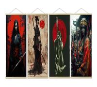 4 PCS Japanese Bushido Wall Art Decor, Ukiyoe Samurai Tattoo Posters and Prints, Wooden scroll Painting Artwork Tapestry Wall Hanging Flag for Living Room Bedroom F7 (40X120 CM)