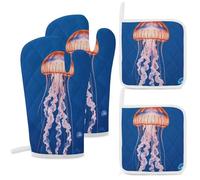 4 Pcs Jellyfish Academy Oven Mitt and Pot Holder Set, Heat Resistant Long Oven Gloves & Hot Pads with Hanging Loop for Cooking Baking BBQ, Ideal Kitchen Gift for Cooks Bakers