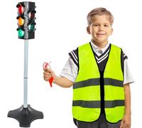 4 Pcs Kids Crossing Guard Set Police Traffic Vest Handle Stop and Go Sign Traffic Light Toy for Red Green Light Sign Educational Gift Teaching