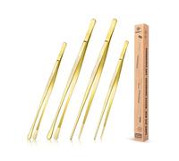 4 Pcs Kitchen Fine Tweezer Tongs, 12'' and 10'' Stainless Steel Food Tweezers Set, Professional Golden Kitchen Long Tweezer for Cooking, Repairing, Sea Food and BBQ