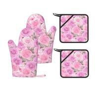 4 Pcs Kitchen Oven Mitts Floral with Cute Roses Oven Mitts and Pot Holders Non-slip Silicone Kitchen Gloves for Cooking Baking Grilling Kitchen Essentials