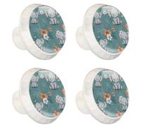 4 PCS Knobs for Dresser Drawers, Cute Cartoon Baby Elephants with Flowers on Teal Background ABS Round Kitchen Cabinet Handles Pulls for Kitchen Cupboard Wardrobe Hardware Bedroom