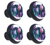 4 PCS Knobs for Dresser Drawers, Elegant Purple Tulips on Dark Background ABS Round Kitchen Cabinet Handles Pulls for Kitchen Cupboard Wardrobe Hardware Bedroom
