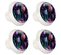 4 PCS Knobs for Dresser Drawers, Elegant Purple Tulips on Dark Background ABS Round Kitchen Cabinet Handles Pulls for Kitchen Cupboard Wardrobe Hardware Bedroom