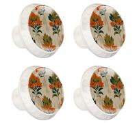 4 PCS Knobs for Dresser Drawers, Orange Floral with Sage Green Stems ABS Round Kitchen Cabinet Handles Pulls for Kitchen Cupboard Wardrobe Hardware Bedroom