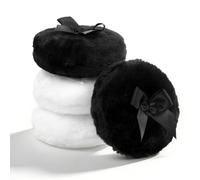 4 PCS Large Fluffy Makeup Sponge, Soft Washable Reusable Body Powder Sponge with Ribbon Bow Handle, Ultra Soft Dusting Sponges for Face and Body Makeup Application in White Black