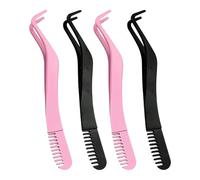 4 Pcs Lash Tweezers, Stainless Steel 2 in 1 Double Ended Curved Eyelash Applicator Tool with Comb, Lashes Tweezers for DIY False Eyelash Extensions Individual Cluster Precision Application & Removal