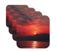 4 Pcs Leather Coasters for Drinks, 4" Drink Coasters Set for Tabletop Protection Funny Cup Coaster Non Slip Bar Beer Beverage Coaster Fiery red Sunset Tea Cup Mat for Home Decor