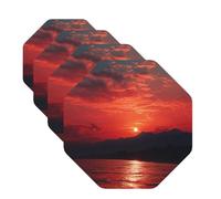 4 Pcs Leather Coasters for Drinks, 4" Drink Coasters Set for Tabletop Protection Funny Cup Coaster Non Slip Bar Beer Beverage Coaster Fiery red Sunset Tea Cup Mat for Home Decor