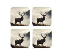 4 Pcs Leather Coasters for Drinks, 4" Drinking Coaster for Tabletop Protection, Deer on The Foggy Mountain Drink Coasters Set for Kinds of Cups Aesthetic Cup Mat for Home Decor