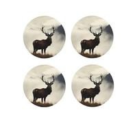 4 Pcs Leather Coasters for Drinks, 4" Drinking Coaster for Tabletop Protection, Deer on The Foggy Mountain Drink Coasters Set for Kinds of Cups Aesthetic Cup Mat for Home Decor