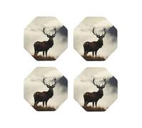 4 Pcs Leather Coasters for Drinks, 4" Drinking Coaster for Tabletop Protection, Deer on The Foggy Mountain Drink Coasters Set for Kinds of Cups Aesthetic Cup Mat for Home Decor