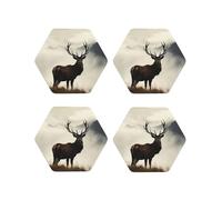 4 Pcs Leather Coasters for Drinks, 4" Drinking Coaster for Tabletop Protection, Deer on The Foggy Mountain Drink Coasters Set for Kinds of Cups Aesthetic Cup Mat for Home Decor