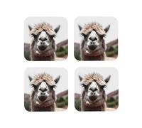 4 Pcs Leather Coasters for Drinks, 4" Drinking Coaster for Tabletop Protection, Funny Alpaca Llama Drink Coasters Set for Kinds of Cups Aesthetic Cup Mat for Home Decor