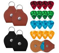4 Pcs Leather Guitar Pick Holder Keyrings, Slim Ring Holder Coin Storage Box With 16 Pieces Colorful Guitar Picks, For Plectrum Acoustic Bass Ukulele (black brown)