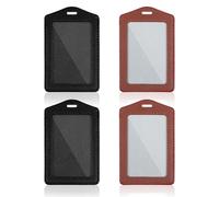 4 Pcs Leather ID Badge Holders, Waterproof Single-Side Clear Card Holders, Vertical Leather Name Badge Holder for Office Staff Students Employees (Black, Brown)