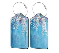 4 PCS Leather Luggage Tags for Suitcases - Hanging Orchids Floral Blue Suitcase Tags Luggage Identifiers for Suitcases, ID Labels Name Travel Bag for Luggage Accessories with Steel Loop