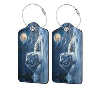 4 PCS Leather Luggage Tags for Suitcases - White Tiger Under Full Moon A Suitcase Tags Luggage Identifiers for Suitcases, ID Labels Name Travel Bag for Luggage Accessories with Steel Loop