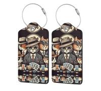 4 PCS Leather Luggage Tags with Full Privacy Cover and Metal Ring, Cat Playing Poker Print Suitcase Labels for Men Women Travel