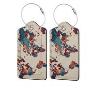 4 PCS Leather Luggage Tags with Full Privacy Cover and Metal Ring, World Map Outline Print Suitcase Labels for Men Women Travel