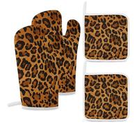 4 Pcs Leopard Oven Mitt and Pot Holder Set, Heat Resistant Long Oven Gloves & Hot Pads with Hanging Loop for Cooking Baking BBQ, Ideal Kitchen Gift for Cooks Bakers