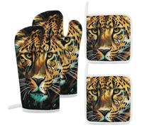 4 Pcs Leopard Oven Mitt and Pot Holder Set, Heat Resistant Long Oven Gloves & Hot Pads with Hanging Loop for Cooking Baking BBQ, Ideal Kitchen Gift for Cooks Bakers