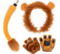4 Pcs Lion Costume Accessory Kit - Brown Lion Headband, Gloves, Animal Ears, Tail and Paw Set for Adults and Kids - Carnival Stage Cosplay Accessories