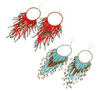 4 Pcs Long Beaded Tassel Earrings for Women, Bohemian Style Rice Bead Hook Dangle, Geometric Fan Statement Jewelry, Multi-Color Handmade Accessories for Parties and Daily Wear
