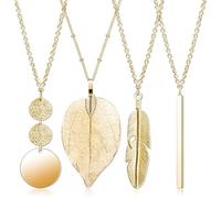 4 PCS Long Pendant Necklaces for Women, Trendy Gold Bar Feather Circle Leaf Chain Necklaces, Boho Style Costume Necklaces Y Simple Long Sweater Chain Adjustable Jewelry Set for Women (Gold)