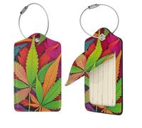4 PCS Luggage Tag for Suitcases,PU Leather Luggage Tags with Stainless Steel Loop Name Tag, Suitcase Labels Set Multicolor Leaf Weed Art Baggage Bag Tag Travel ID Label for Men Women