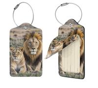4 PCS Luggage Tag for Suitcases,PU Leather Luggage Tags with Stainless Steel Loop Name Tag, Suitcase Labels Set African Lion and Lioness Baggage Bag Tag Travel ID Label for Men Women