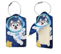4 Pcs Luggage Tags for Suitcases, Pu Leather Cute Husky Astronauts On Space Suitcase Tags with Privacy Cover Label Address Card and Durable Metal Ring Baggage Tags for Men Women Handbags Backpacks