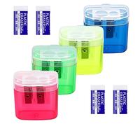 4 Pcs Manual Pencil Sharpeners, 4-in-1 Colorful Sharpeners with Container, Pencil Sharpener with Cover Dual Hole Lid, Compact for Kids Students School Home Office Supply (with 2 Rubbers Erasers)