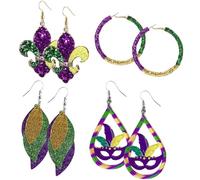 4 Pcs Mardi Gras Earrings Colorful Glitter Sequins Dangle Earrings Women Mardi Gras Drop Earring Party Jewelry for Street Parade Masks Accessories