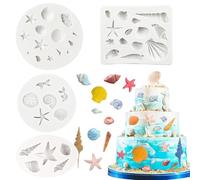 4 PCS Marine Theme Cake Fondant Silicone Mold Seashell Conch Starfish Baking Number Fondant Mold Chocolate Covered Gummy Making Candy Ice Cube Tray Molds for Baking Desserts and Cake Decoration