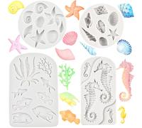 4 PCS Marine Theme Fondant Moulds Seahorse Silicone Mould Cake Chocolate Moulds Seashell Conch Starfish Seaweed Coral Designs for Cake Decorating Chocolate Candy Making