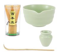 4 Pcs Matcha Whisk Set Matcha Tea Set Matcha Bowl and Whisk Bamboo Scoop Whisk Holder 500ml Ceramic Bowl with Pouring Spout Reusable Matcha Making Kit for Tea Tea Drinking (Green)