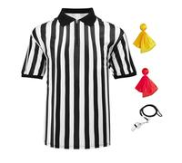 4 Pcs Men's Official Referee Costume Set Zipper Ref Shirt Stainless Whistle with Lanyard Red & Yellow Penalty Flag