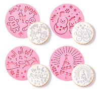 4 Pcs Merry Christmas Cookie Stamp Pink Fondant Embosser 2.76 in Acrylic Icing Fondant Stamp Snowmen Shortbread Mould Christmas Cake Decorations Baking Tool Accessories for Xmas Cupcake Biscuit Pastry