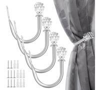 4 Pcs Metal Curtain Holdbacks with Acrylic Crystal Ball, Curtain Tieback Hooks, Wall Mounted Window Curtains Holder Hooks, Drapery Holdbacks for Fixed Curtains or Hanging Items(Silver)