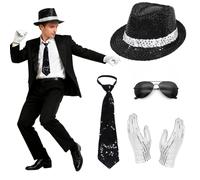 4 Pcs Michael Costume Accessories, 80s Dancer Rocker Star Cosplay Set with Jazz Sequin Hat Gloves Glitter Tie Sunglasses King of Pop Fancy Dress Set for Adults Teenager Carnival Halloween 80s Party