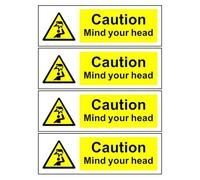 4 Pcs Mind Your Head Sign, Please Mind Your Head Self-Adhesive Signs, 300mm x100mm Mind-Your-Head Vinyl Sign Stickers, for Warehouses Construction Site, Supermarkets(Indoor or Outdoor Stickers)