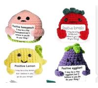 4 Pcs Mini Creative Positive Fruit Doll, Thank You Gift, Funny Knitted Toy Set With Affirmation Cards, Wool Plush Good Luck Gifts for Teacher, Colleagues, Family (Lemons Eggplants Peaches Tomatoes)