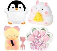 4 Pcs Mini Squishy Toys Set, Cute Soft Stress Relief Toys, Mochi Squishy Stress Balls, Penguin Cat Paw Hamster Cat, Sensory Play Fidget, for Stress Relief Anxiety Relaxation, Party Favors Decor-A