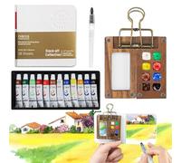 4 Pcs Mini Watercolour Paint Set Travel, Lid Foldable Portable Palette, 8 Grids Wooden Travel Watercolour Set, Gift for Artists (Pocket Sketchbook, Palette With Metal Clip, Watercolor Pen, Paints)