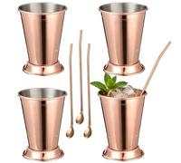 4 Pcs Mint Julep Cups Set, 12 oz Stainless Steel Cocktail Drinkware, 3.5 x 4.5 in, with Four 8.9 in Stirring Straws, Mirror Polished for Home Bar Parties, Mixed Beverages, Cold Drinks, Rose Gold